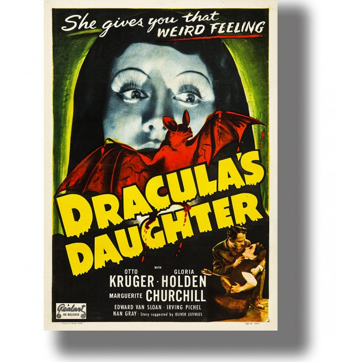 Vintage film poster showing a large bat, a frightened woman’s face, and the title Dracula’s Daughter.