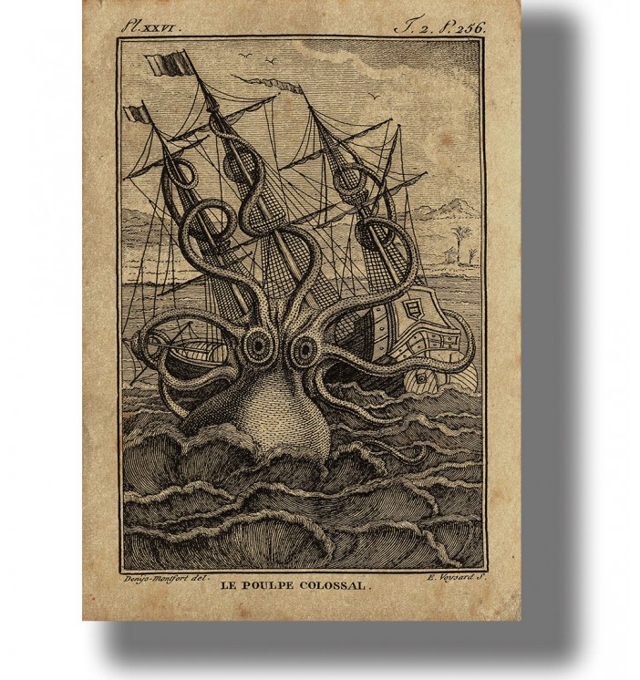 Vintage engraving of a colossal octopus dragging a ship into the ocean depths, 19th century nautical illustration