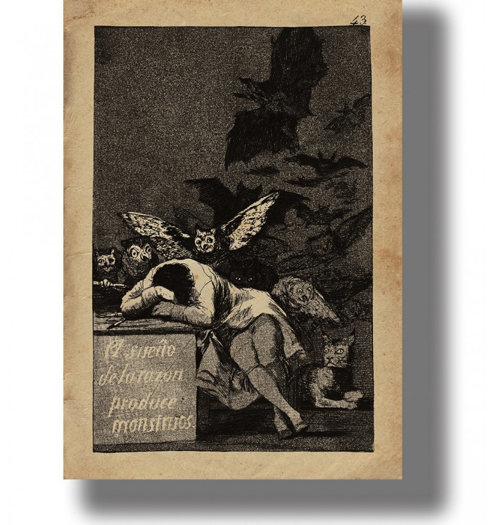 Francisco Goya illustration showing a sleeping man at a desk surrounded by owls, bats and strange creatures in the darkness
