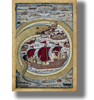 Giant golden sea serpent coiled around sailing ships with sailors, fish and strange sea creatures in a blue ocean