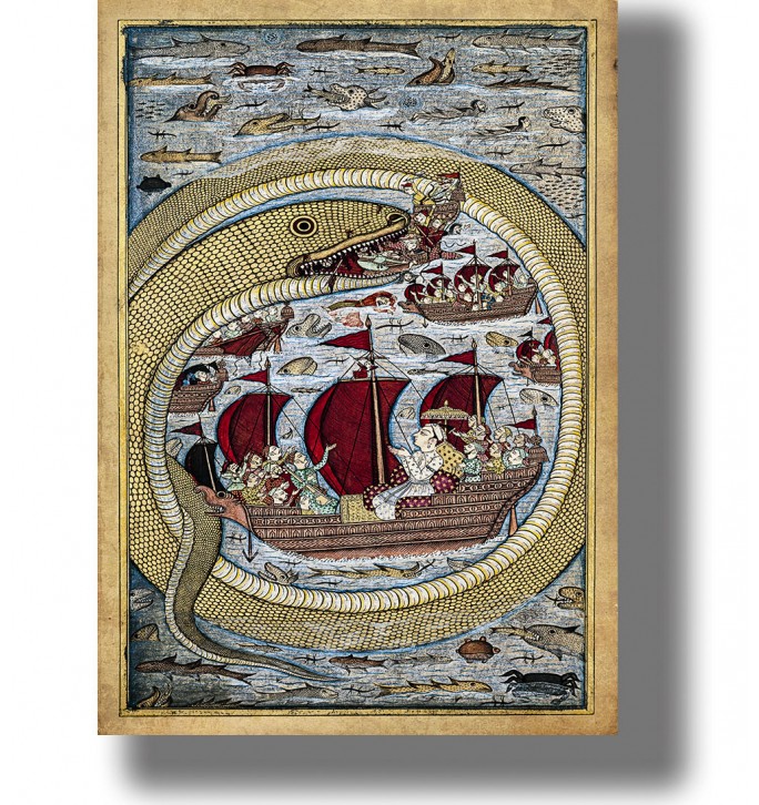 Giant golden sea serpent coiled around sailing ships with sailors, fish and strange sea creatures in a blue ocean