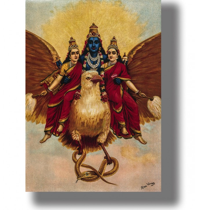 Vishnu accompanied by his wives riding on Garuda.