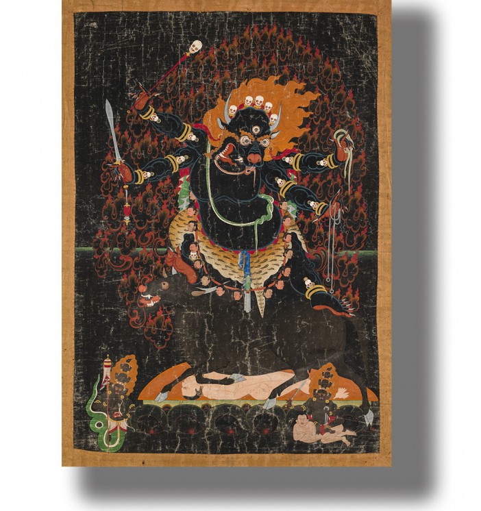 Reproduction of a Tibetan thangka with a black Devil.
