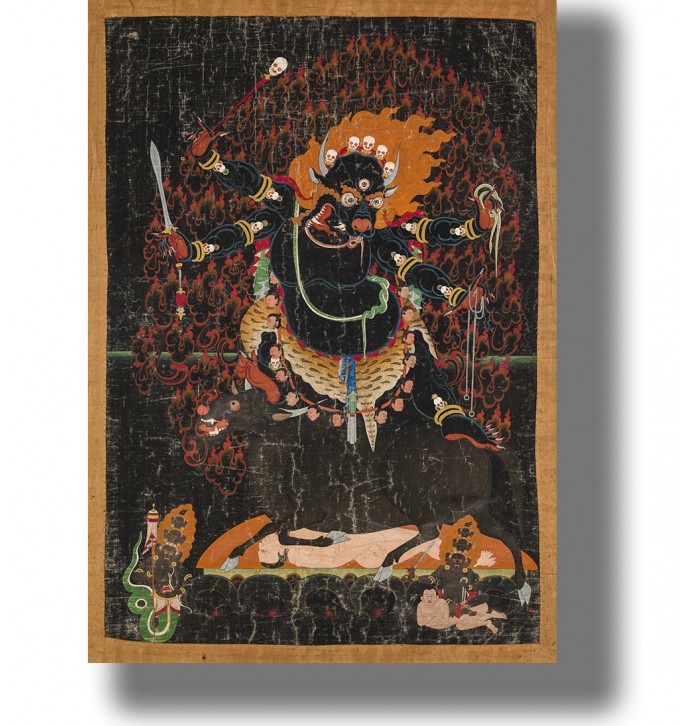 Reproduction of a Tibetan thangka with a black Devil.