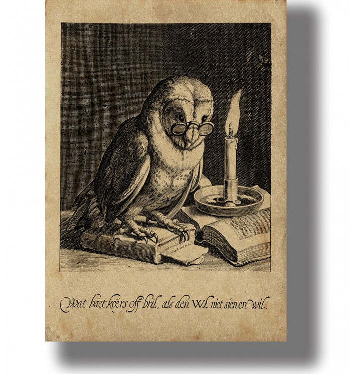 Vintage engraving of an owl with glasses beside a candle, antique illustration poster wall decor