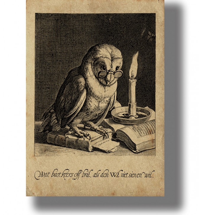 Vintage engraving of an owl with glasses beside a candle, antique illustration poster wall decor