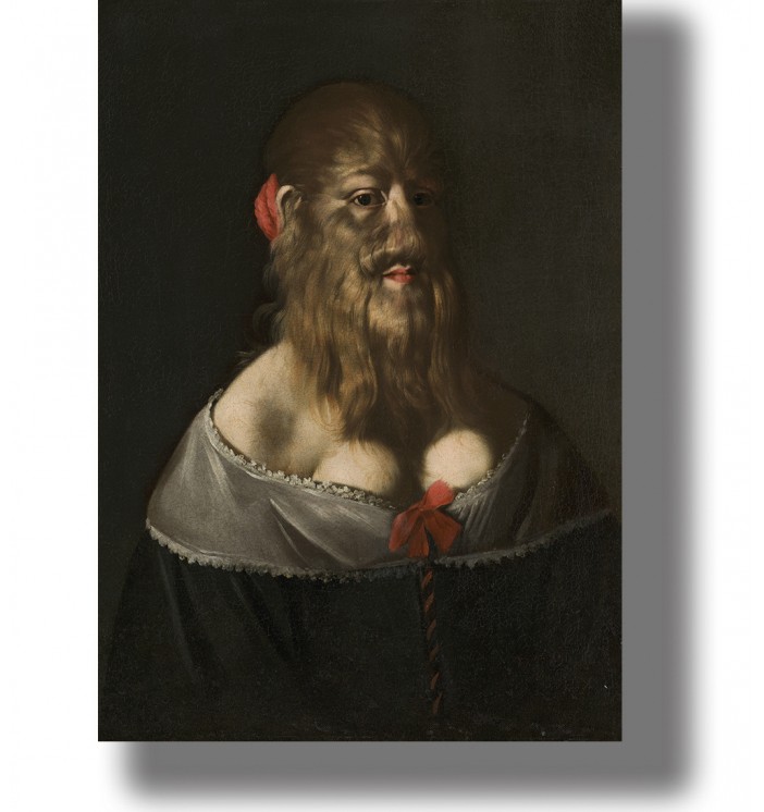 Unusual historical portrait of a bearded lady with a red bow