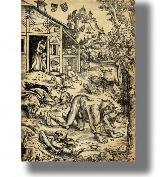 Dark folklore image by Lucas Cranach the Elder of a werewolf in a medieval village.