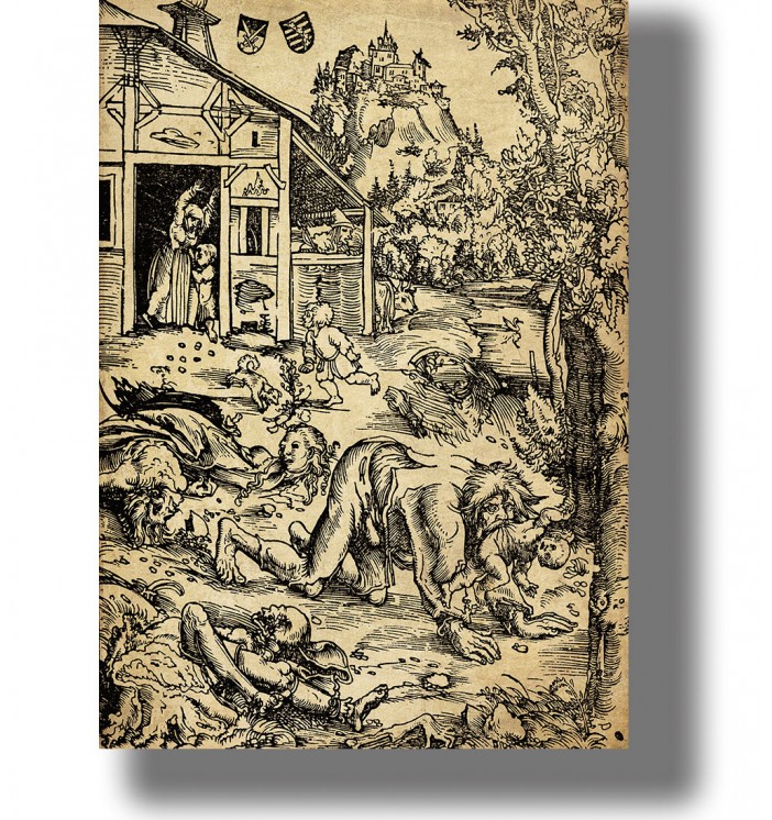 Dark folklore image by Lucas Cranach the Elder of a werewolf in a medieval village.