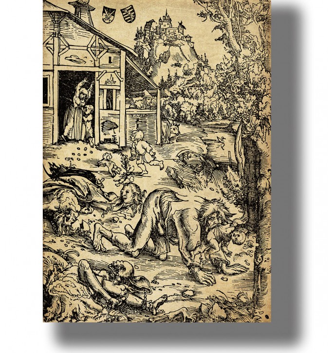 Dark folklore image by Lucas Cranach the Elder of a werewolf in a medieval village.