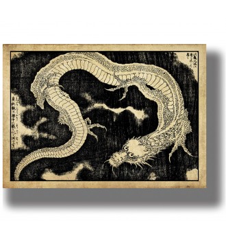 Japanese ink illustration of a long twisting dragon with scales, claws and a horned head moving through dark clouds