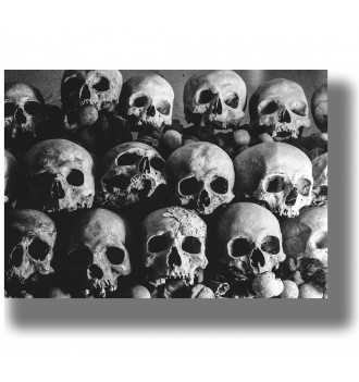 Black and white photo of piled human skulls and bones in the Paris ossuary.