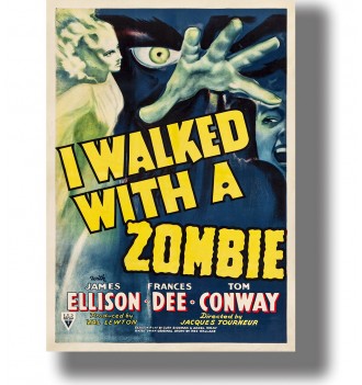 Vintage movie poster for I Walked with a Zombie with a large hand, a staring eye, and a frightened face.