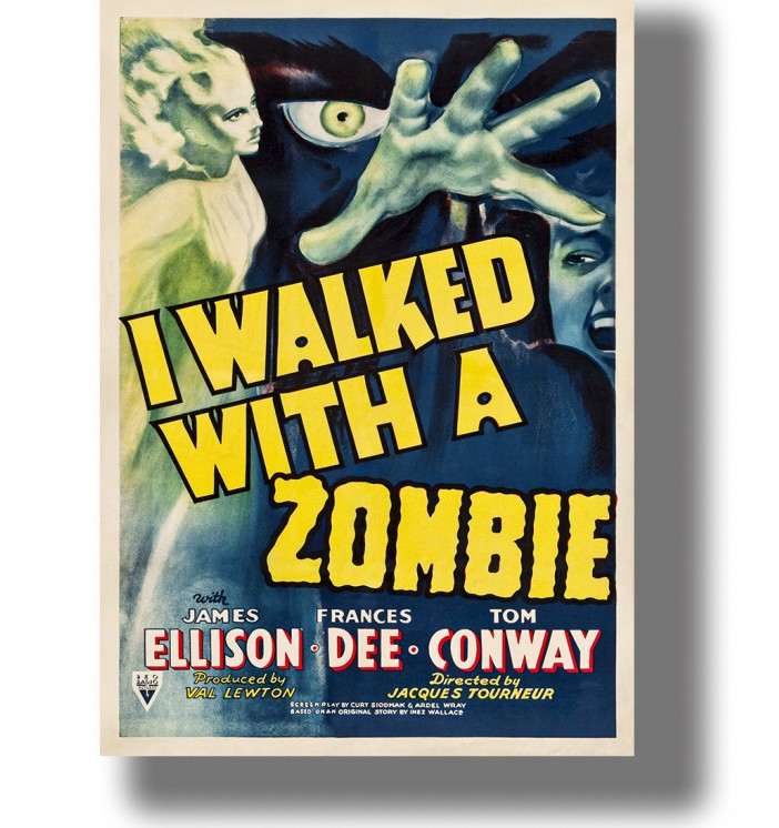 Vintage movie poster for I Walked with a Zombie with a large hand, a staring eye, and a frightened face.