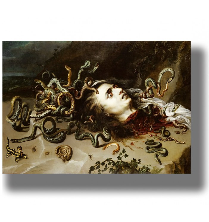 Painting of Medusa’s severed head with snakes instead of hair, mythological wall art reproduction