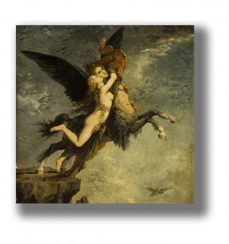 Mythological scene with a woman holding a winged chimera above a rocky cliff under a dark stormy sky