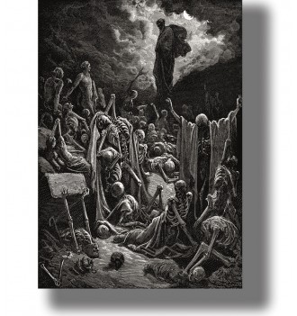 Biblical engraving showing the prophet Ezekiel surrounded by skeletons rising from the Valley of Dry Bones.