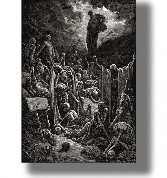 Biblical engraving showing the prophet Ezekiel surrounded by skeletons rising from the Valley of Dry Bones.
