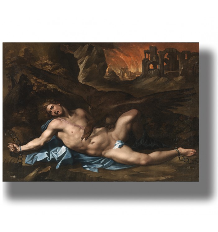 Painting of the chained Prometheus lying on a rock as a huge eagle attacks his liver, with burning ruins in the background.