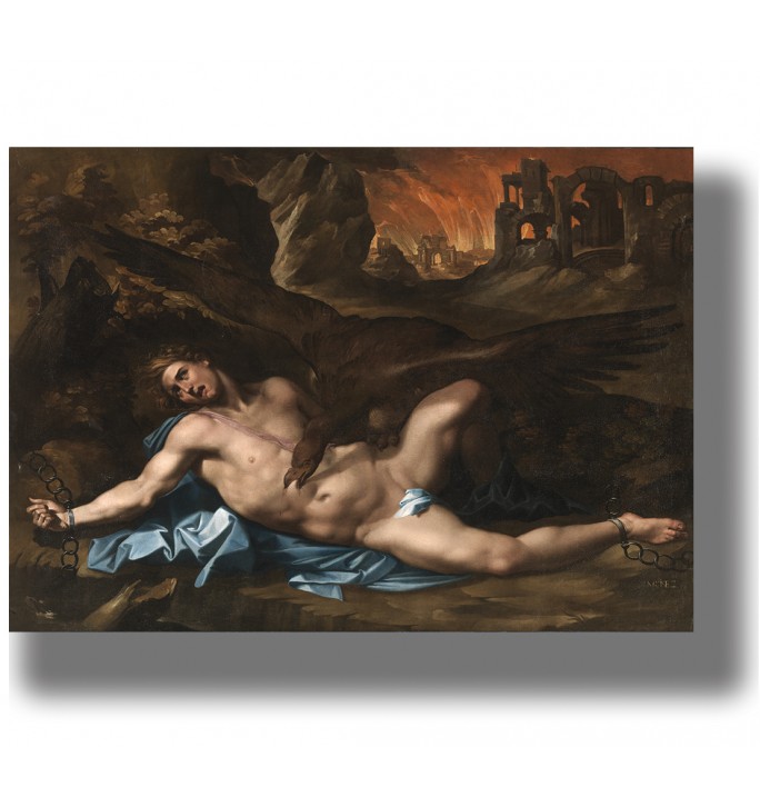Painting of the chained Prometheus lying on a rock as a huge eagle attacks his liver, with burning ruins in the background.