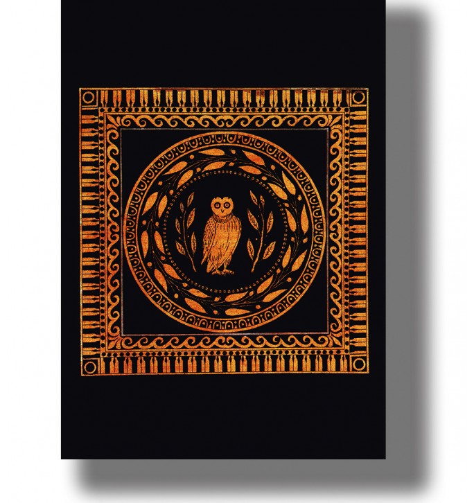 Ancient Greek style owl of Athena surrounded by laurel leaves and orange geometric ornament on a black background