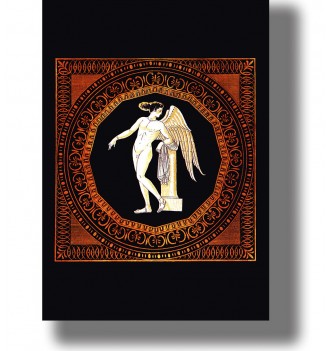 Ancient Greek amphora illustration of the winged god Eros leaning beside a column within an ornate black and orange border.