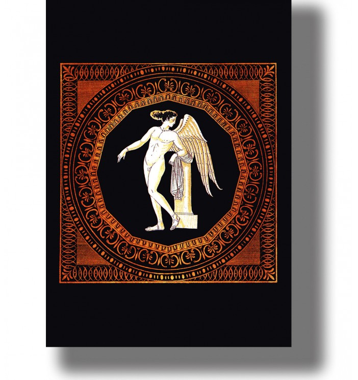 Ancient Greek amphora illustration of the winged god Eros leaning beside a column within an ornate black and orange border.