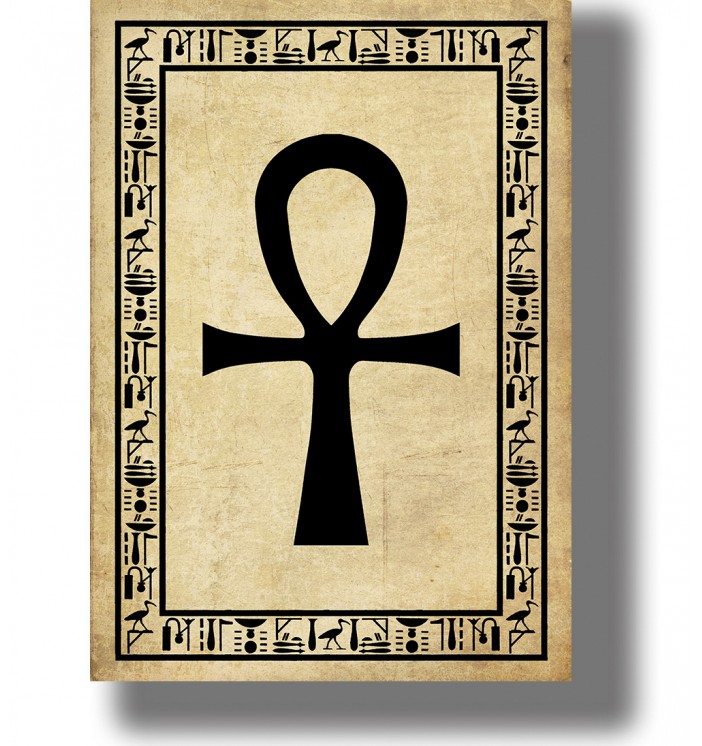 Large Egyptian ankh symbol framed by decorative hieroglyphic ornament on a dark background.