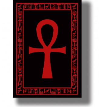 Large Egyptian ankh symbol framed by decorative hieroglyphic ornament on a dark background.