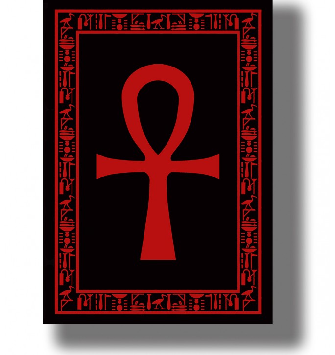Large Egyptian ankh symbol framed by decorative hieroglyphic ornament on a dark background.