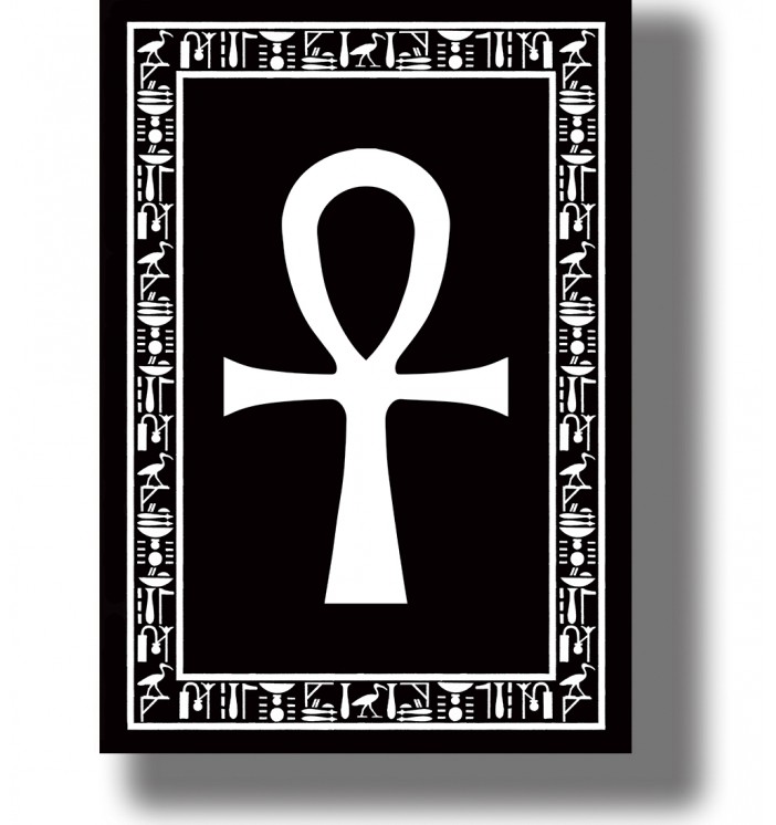 Large Egyptian ankh symbol framed by decorative hieroglyphic ornament on a dark background.