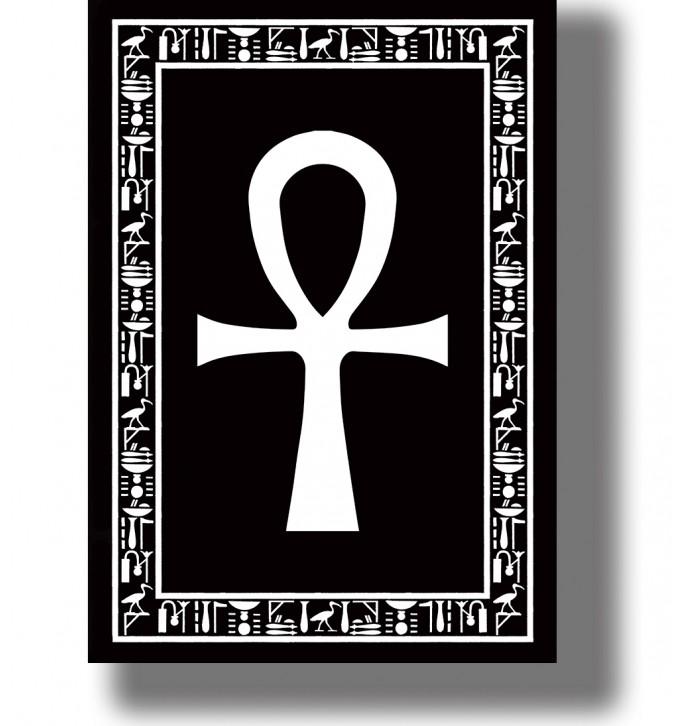 Large Egyptian ankh symbol framed by decorative hieroglyphic ornament on a dark background.