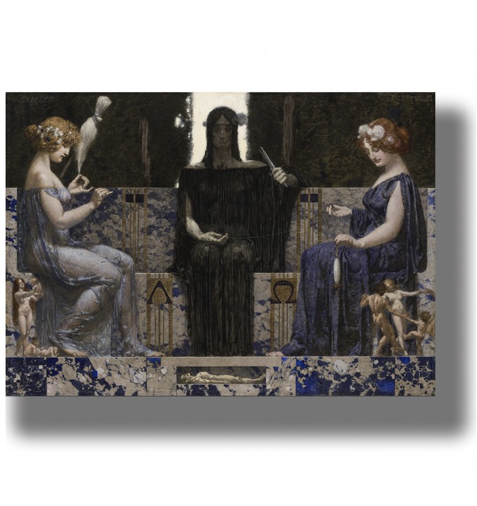 The Three Fates seated together in a dark mythological scene, painting by Alexander Rothaug
