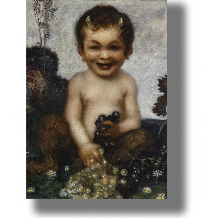 Mythological young faun surrounded by grapes and small flowers in a Symbolist painting.