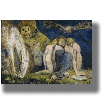Dark artwork with a central woman, two nude figures and strange animals including an owl, donkey and bat.