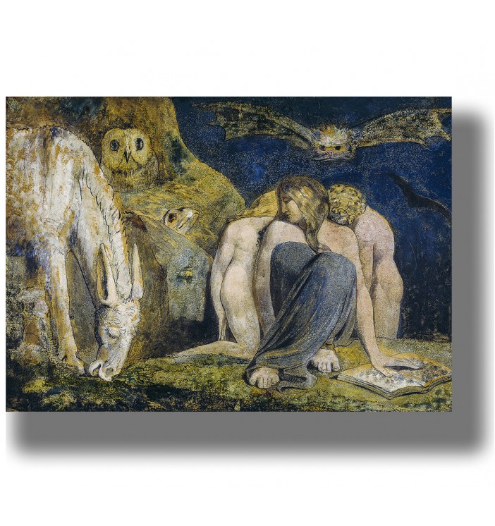 Dark artwork with a central woman, two nude figures and strange animals including an owl, donkey and bat.