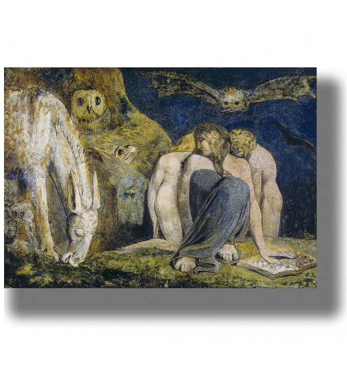 Dark artwork with a central woman, two nude figures and strange animals including an owl, donkey and bat.
