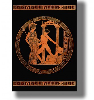 Ancient Greek amphora drawing of Athena beside Theseus holding the dead Minotaur