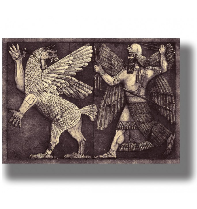 Ancient-style illustration of the Babylonian god Marduk battling Tiamat, the primordial monster of the sea