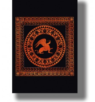 Ancient Greek style Sphinx with a woman’s head, lion body and wings surrounded by orange and black ornament