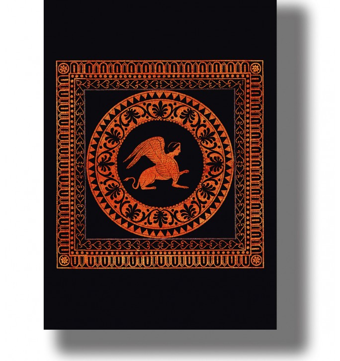 Ancient Greek style Sphinx with a woman’s head, lion body and wings surrounded by orange and black ornament