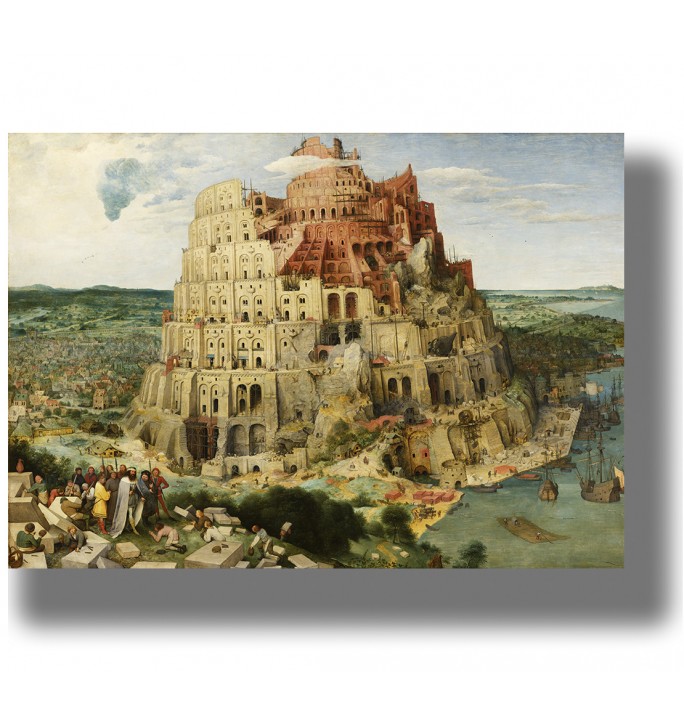 Renaissance painting of a huge unfinished Tower of Babel surrounded by buildings, workers and a river port