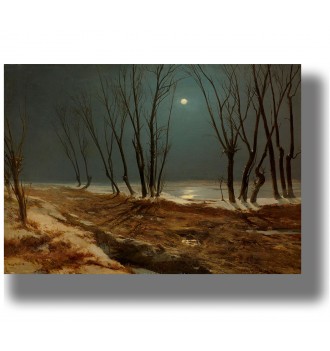 Painting of a winter landscape with bare trees under a full moon. A snowy path leads through a dark forest near frozen water.
