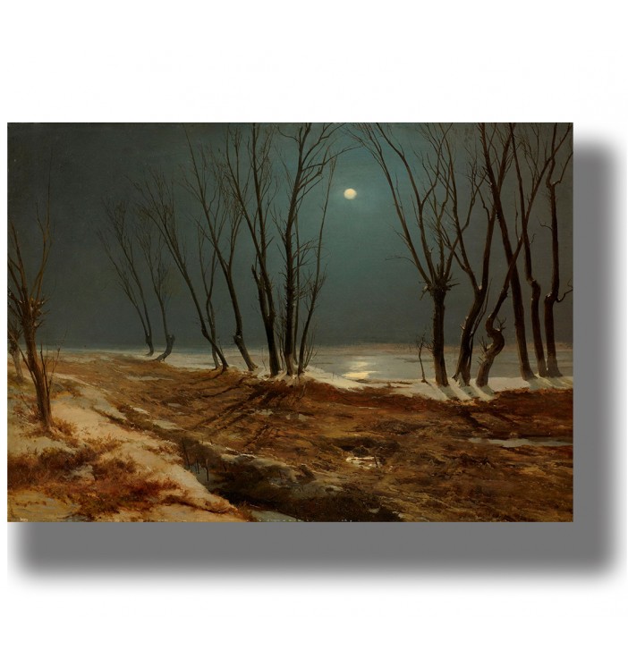 Painting of a winter landscape with bare trees under a full moon. A snowy path leads through a dark forest near frozen water.