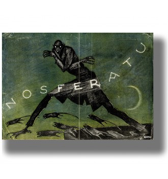 Expressionist image of Nosferatu with long claws and stretched shadowed limbs against a green background.