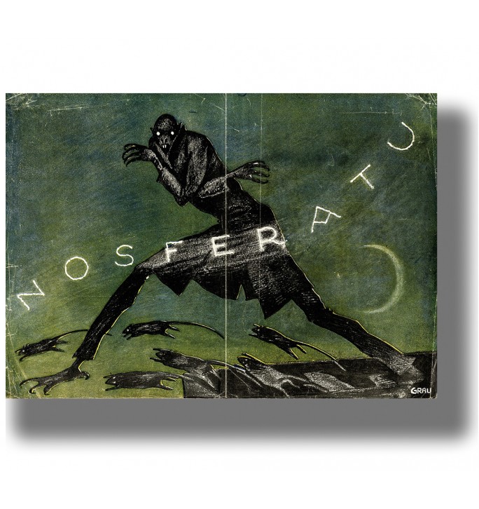 Expressionist image of Nosferatu with long claws and stretched shadowed limbs against a green background.