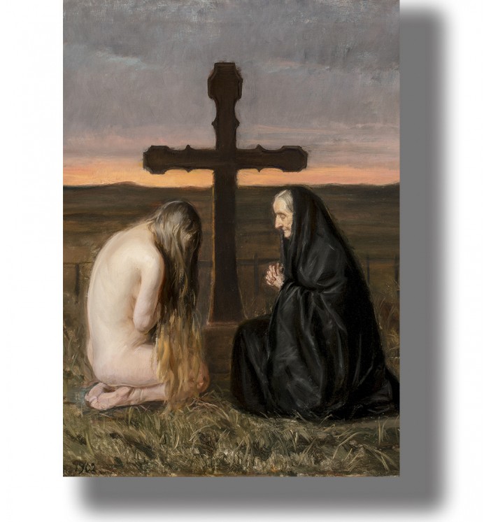Grief. Naked girl and old woman at the grave cross.
