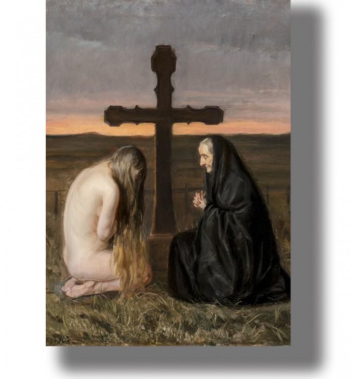 A mourning scene at a grave: a nude woman kneels with her head bowed beside a cross, while an elderly woman in black prays.