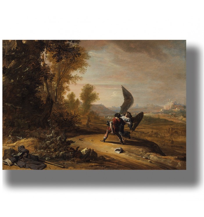 Biblical scene showing a man struggling with an angel in a warm countryside setting.