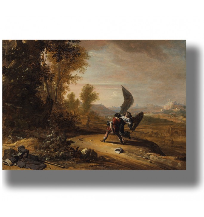 Biblical scene showing a man struggling with an angel in a warm countryside setting.